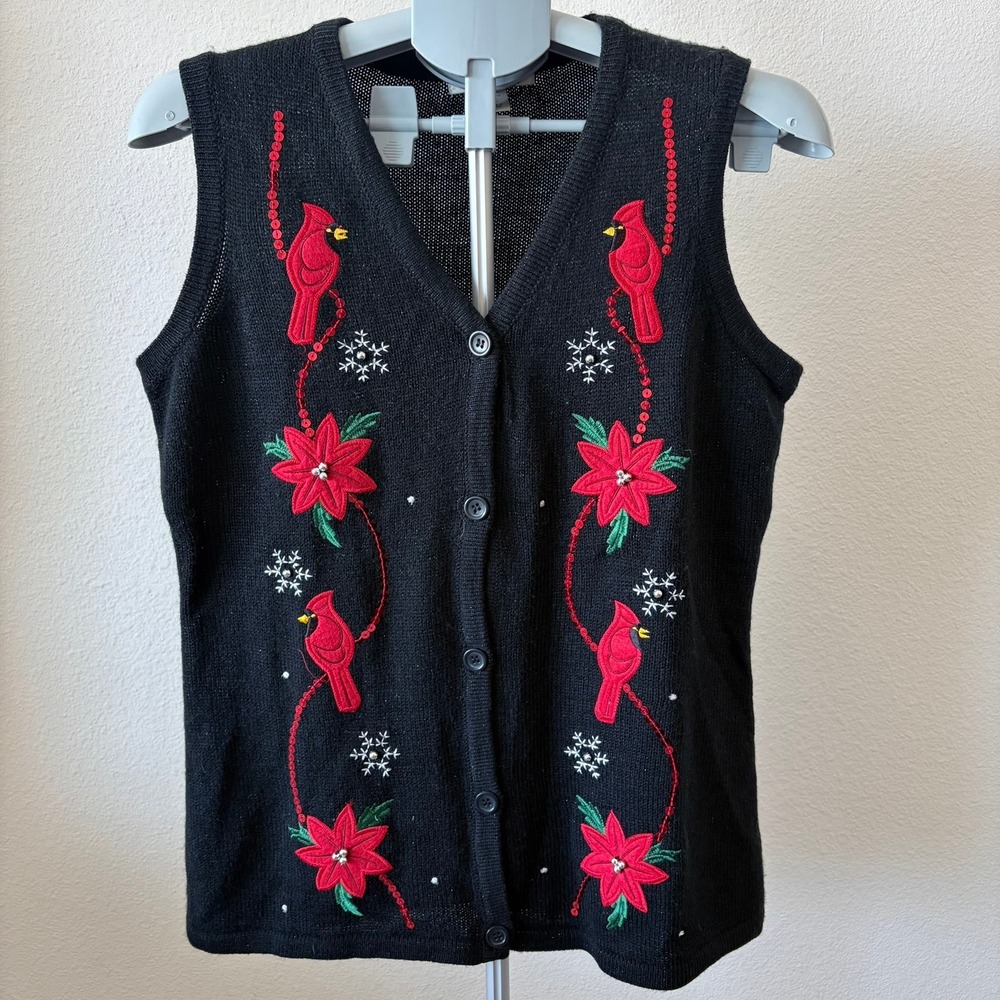 Susan Bristol Womens Christmas Cardinal Poinsettia Vest Black Sz M Vtg‎ Granny